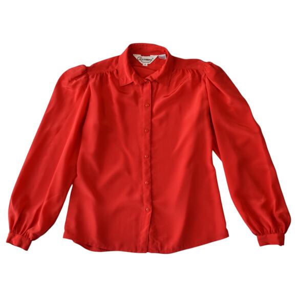 Vintage 80s Red Satin Blouse with Long Puff Sleeves - Size 8 - Picture 1 of 5